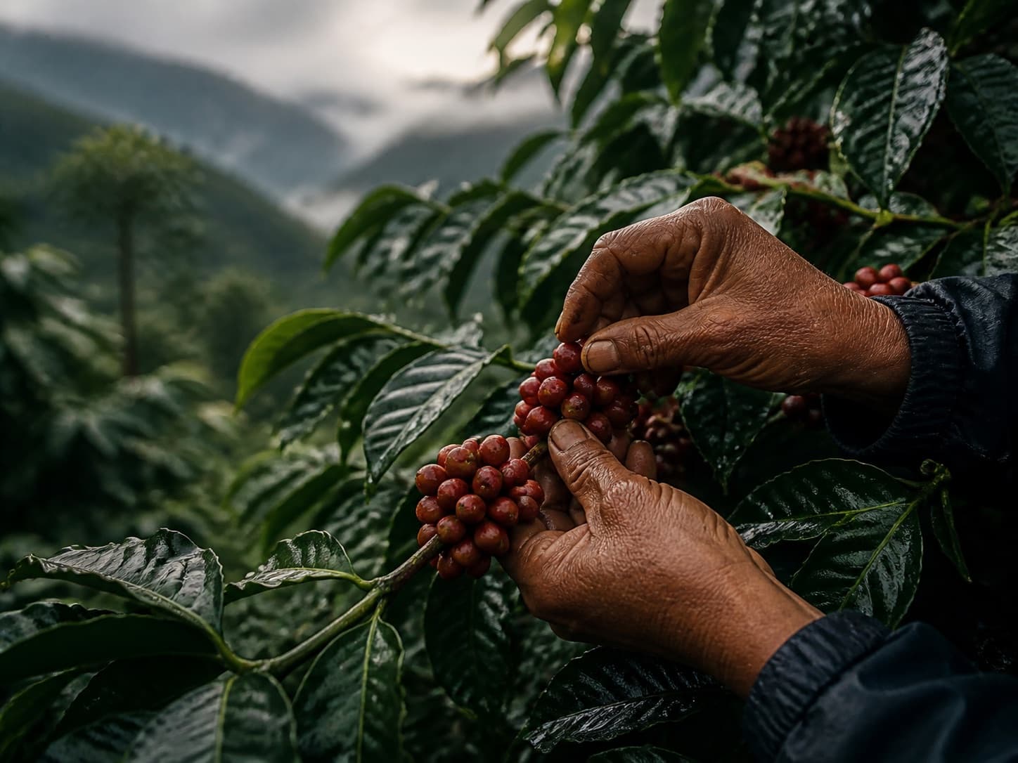 Tangan petani memetik ceri kopi merah matang
